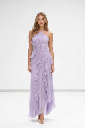 Fırfır Detaylı Pileli Halter Midi Elbise