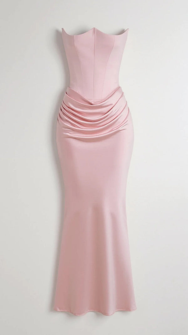 Uzun Drapeli Straplez Saten Elbise