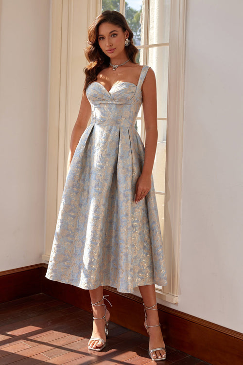 Sarah Mavi Jakarlı  Midi Elbise