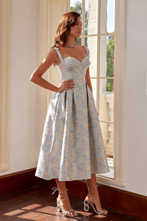 Sarah Mavi Jakarlı  Midi Elbise