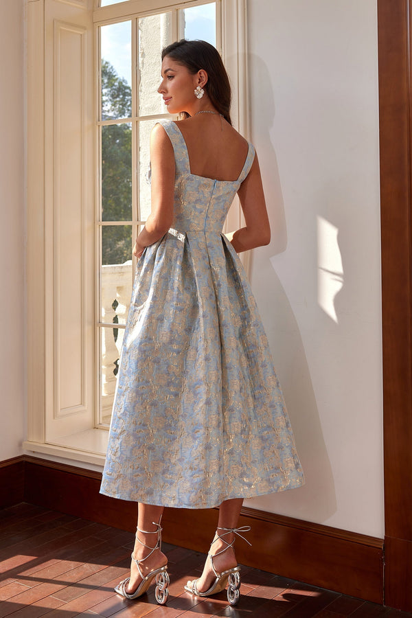 Sarah Mavi Jakarlı  Midi Elbise