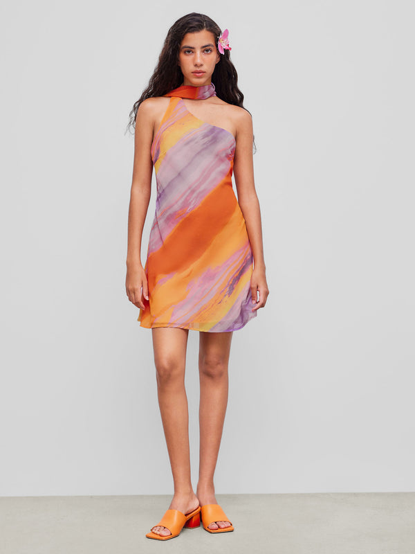 Sunset Muse: Asimetrik Yaka & Eşarp Detaylı Desenli Mini Elbise