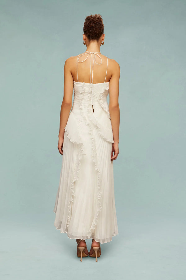 Fırfır Detaylı Pileli Halter Midi Elbise