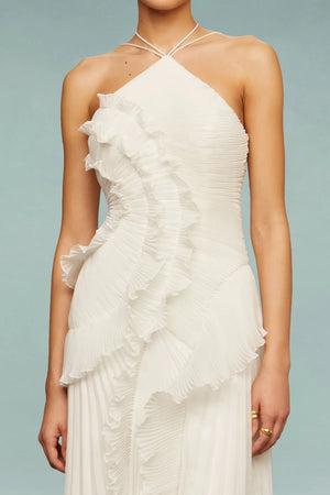 Fırfır Detaylı Pileli Halter Midi Elbise