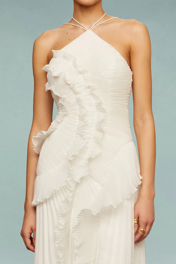 Fırfır Detaylı Pileli Halter Midi Elbise