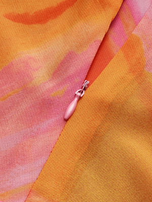 Sunset Muse: Asimetrik Yaka & Eşarp Detaylı Desenli Mini Elbise