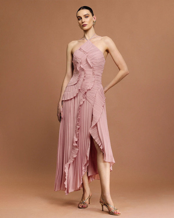 Fırfır Detaylı Pileli Halter Midi Elbise