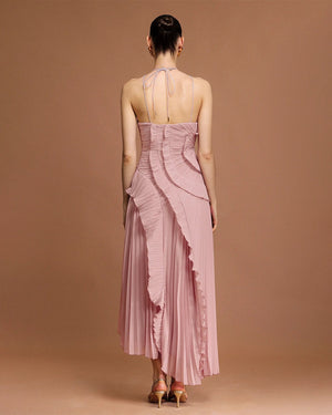 Fırfır Detaylı Pileli Halter Midi Elbise