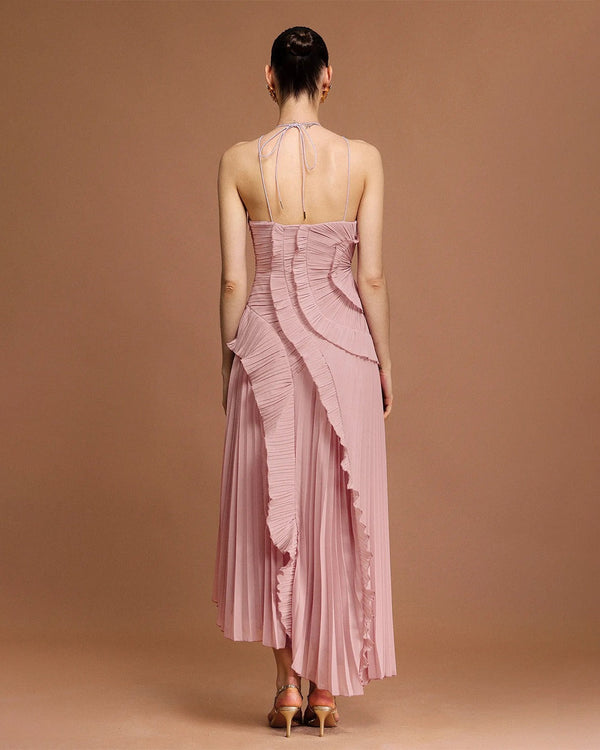 Fırfır Detaylı Pileli Halter Midi Elbise