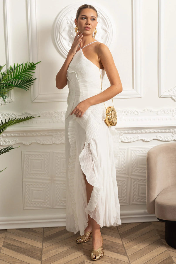 Lilac Breeze: Boyundan Bağlamalı & Plise Fırfırlı Maksi Elbise