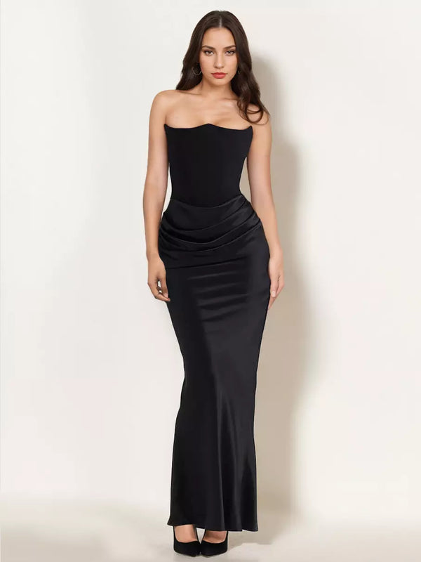 Pure Elegance: Straplez Korsajlı & Drapeli Saten Görünümlü Maksi Elbise