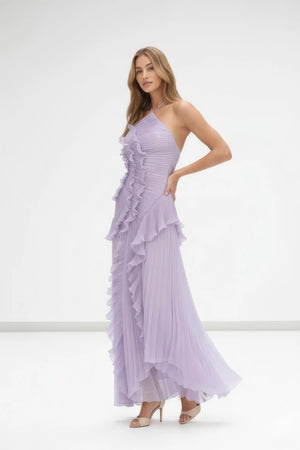 Fırfır Detaylı Pileli Halter Midi Elbise