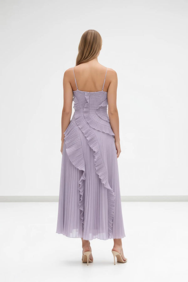 Fırfır Detaylı Pileli Halter Midi Elbise