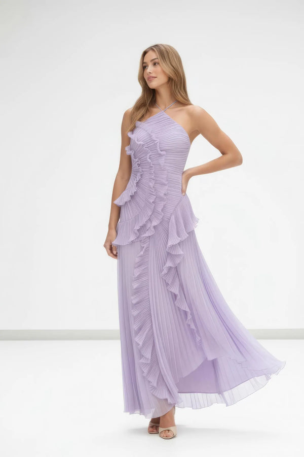 Fırfır Detaylı Pileli Halter Midi Elbise