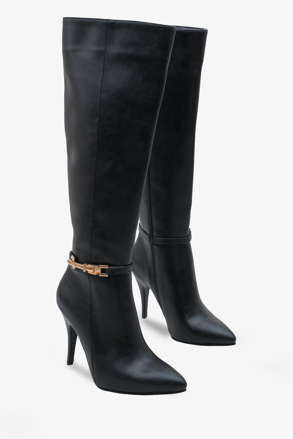 Kadın Gold Tokalı Yandan Fermuarlı Topuklu Çizme Tetvey Siyah