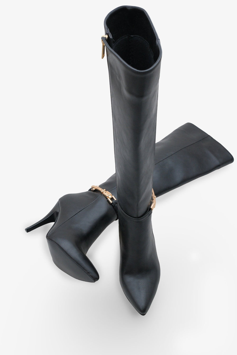 Kadın Gold Tokalı Yandan Fermuarlı Topuklu Çizme Tetvey Siyah