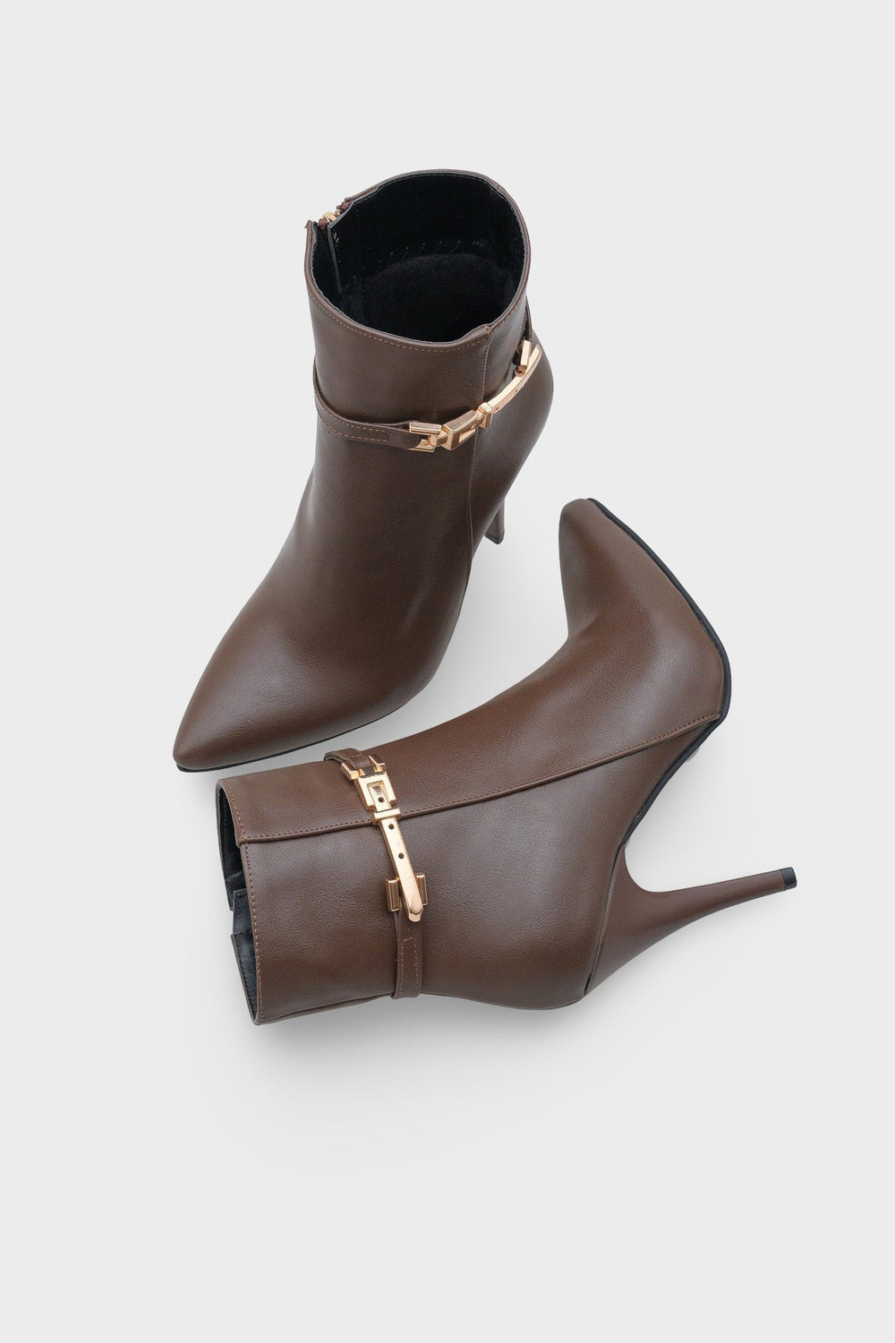 Kadın Topuklu Sivri Burun Tokalı Fermuarlı Günlük Bot Royas Kahve